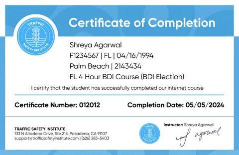 Sample Traffic Safety Institute certificate of completion for the Florida 4-hour BDI course, with certificate number and completion date