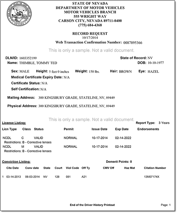 Sample of 3-year Nevada driving record
