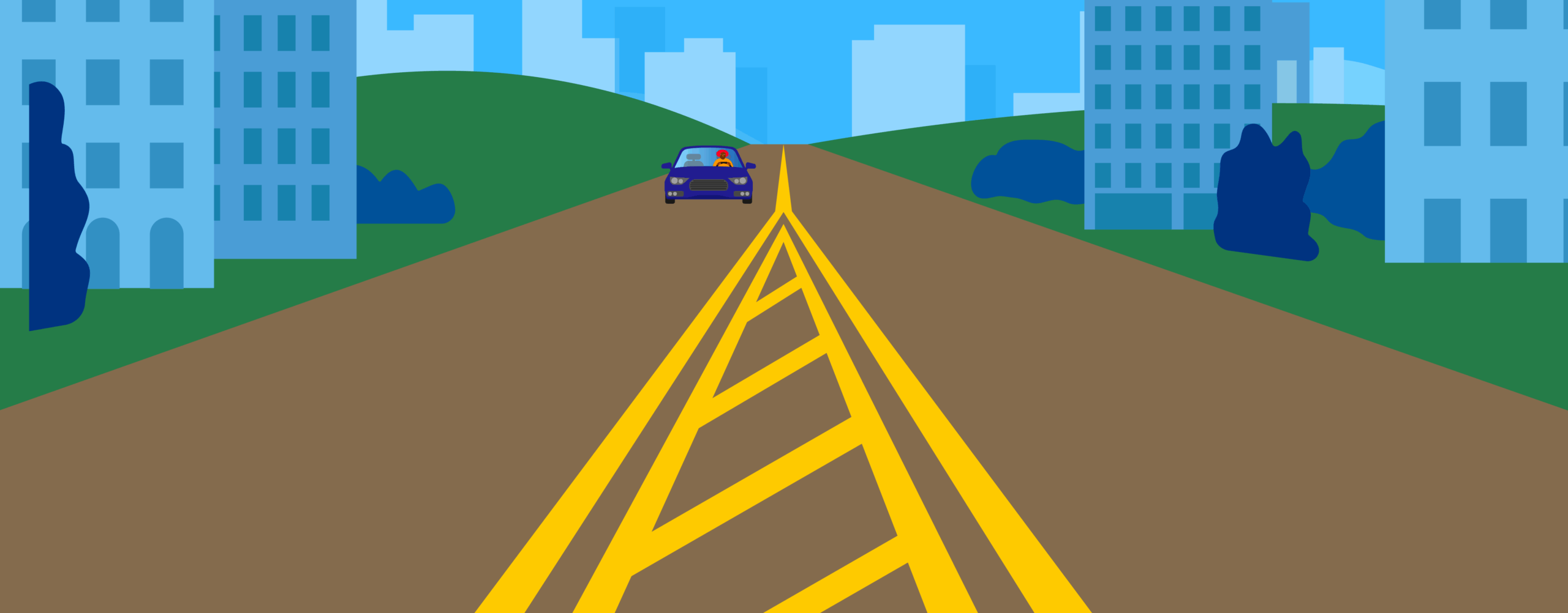 Double yellow road lines with diagonal or solid striping