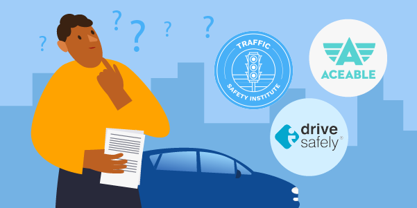 A driver considering three driving schools: Traffic Safety Institute, Aceable, and I Drive Safely