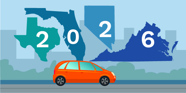 Illustration of Texas, Florida, Nevada, and Virginia state outlines forming the number 2026, with an orange car driving along a road below against a city skyline.
