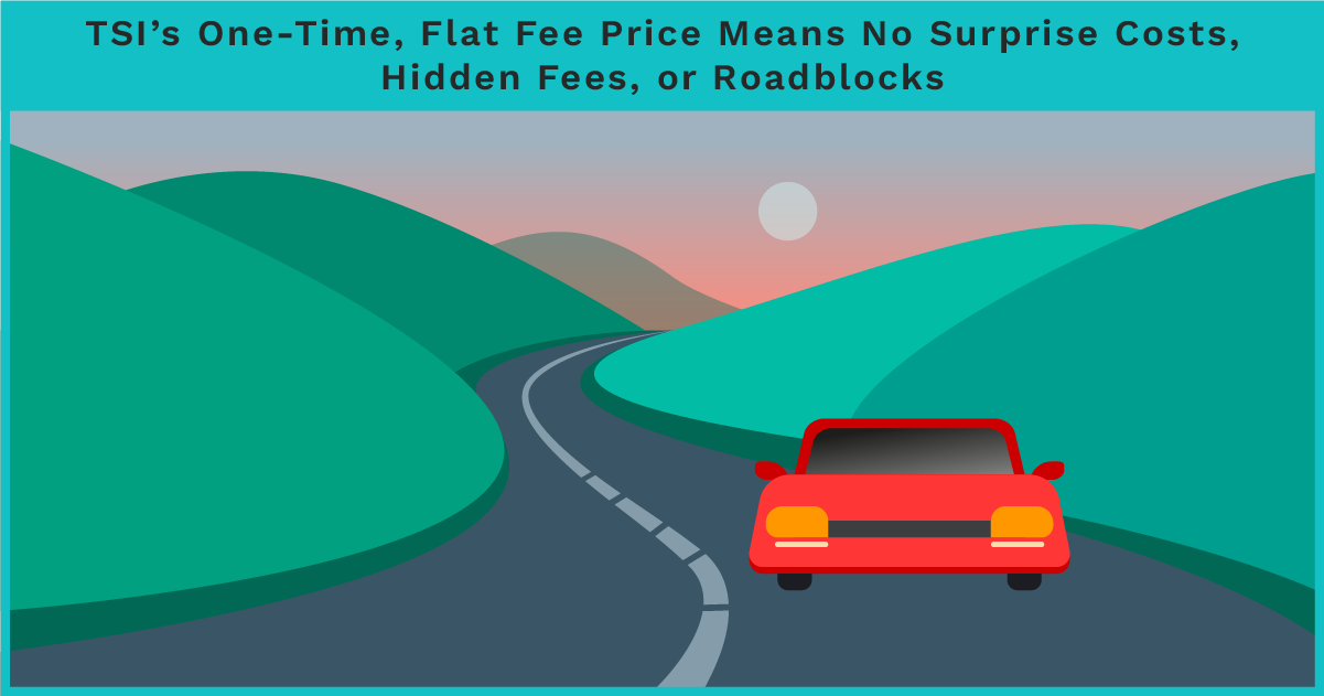 Winding road with car at sunset representing a clear, transparent pricing path without hidden fees.