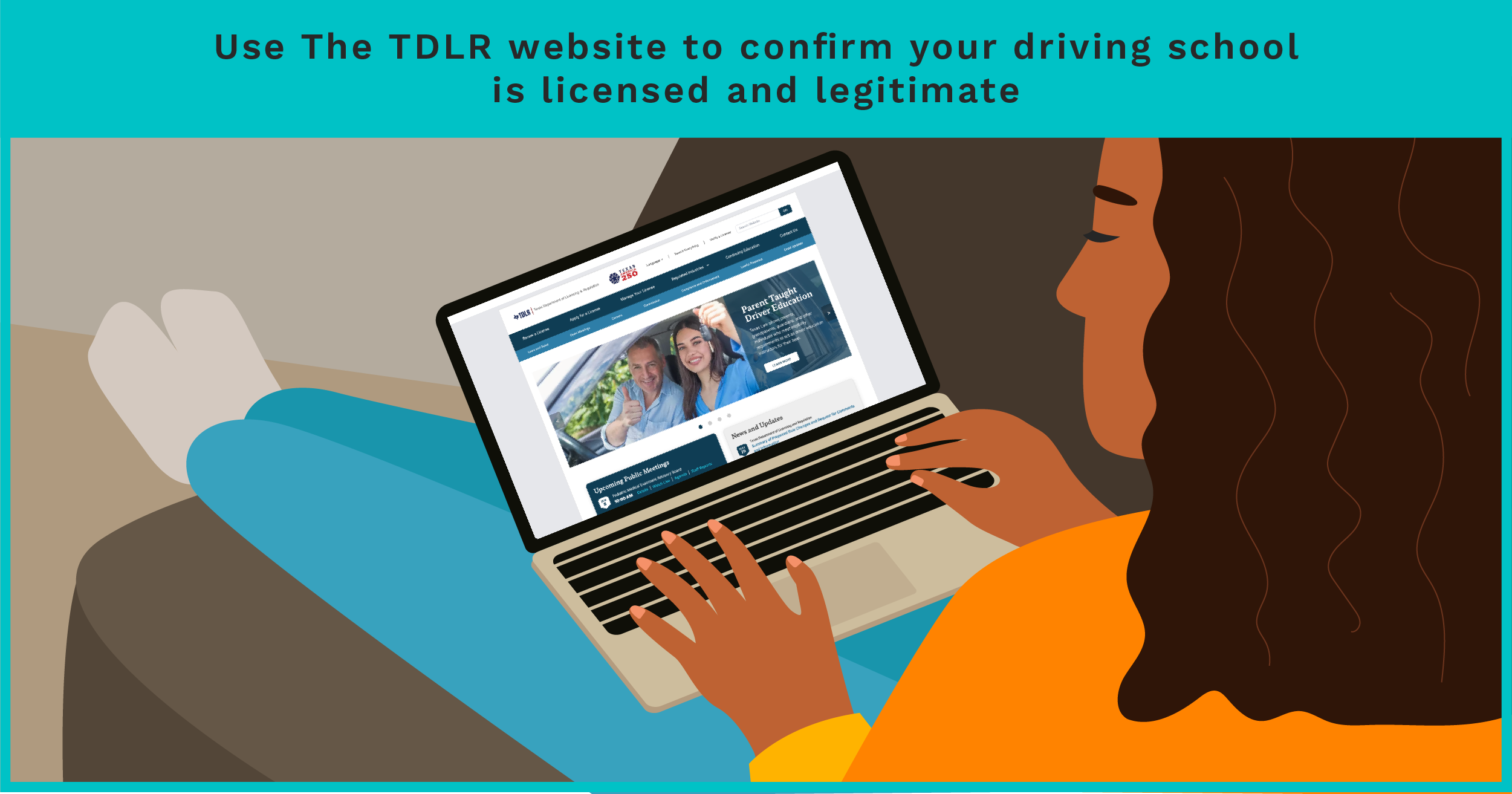 Person sitting on a couch using a laptop to look up a driving school on the TDLR website