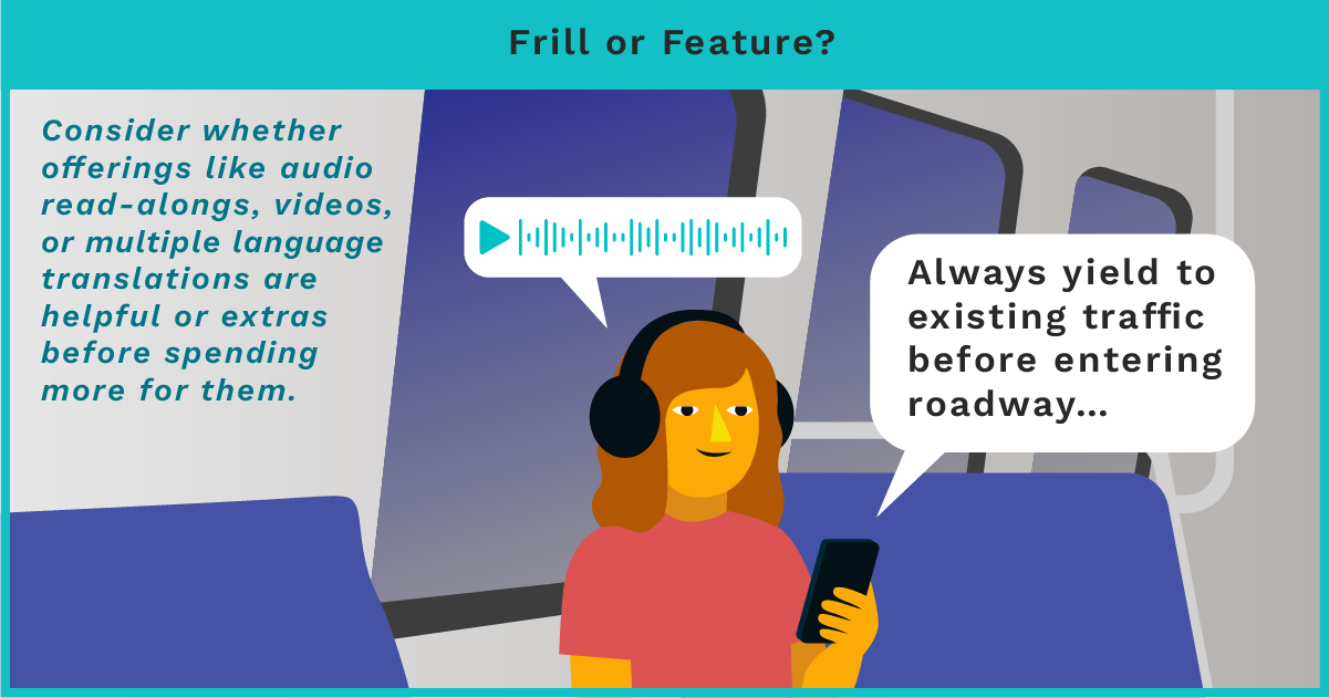A person wearing headphones on a bus looks at their phone, with an audio-narration speech bubble reading "Always yield to existing traffic before entering roadway." Side text asks readers to consider whether audio read-alongs, videos, or language translations are worth paying extra for.
