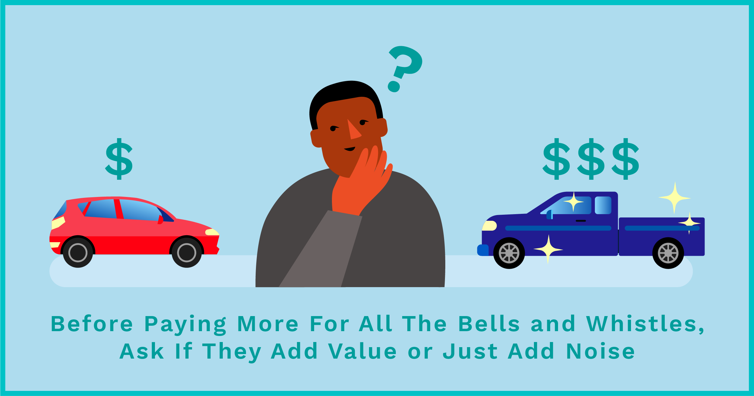 Illustration of a person weighing a budget car versus a more expensive option with the caption: Before paying more for all the bells and whistles, ask if they add value or just add noise