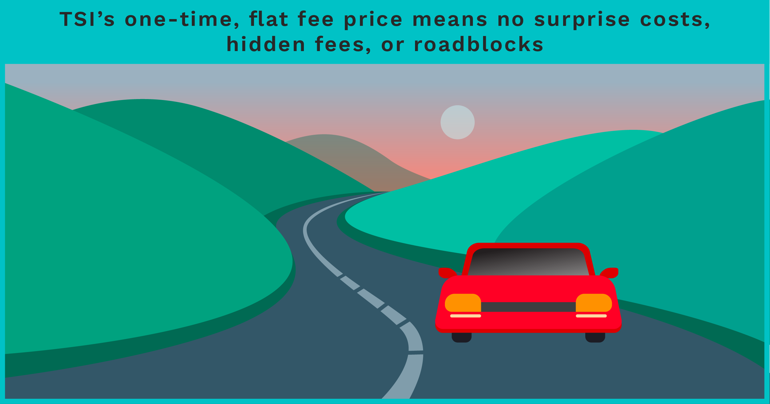 Red car driving along a winding open road through green hills at sunset, illustrating a clear path with no roadblocks