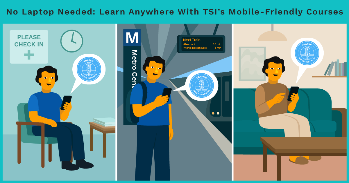 Three people on mobile phones learning traffic school in different settings: clinic waiting room, car, and couch.