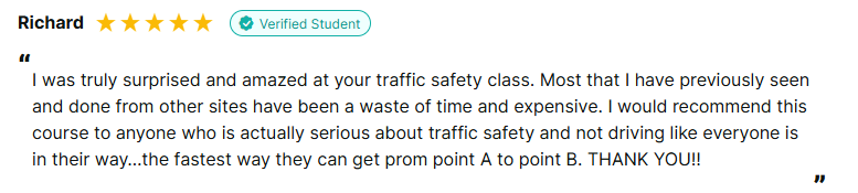 A five-star verified student review from a customer named Richard, praising the traffic safety course and recommending it over other providers he had tried.