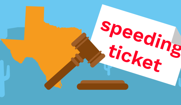 Orange Texas map with a gavel beside a red "speeding ticket" citation