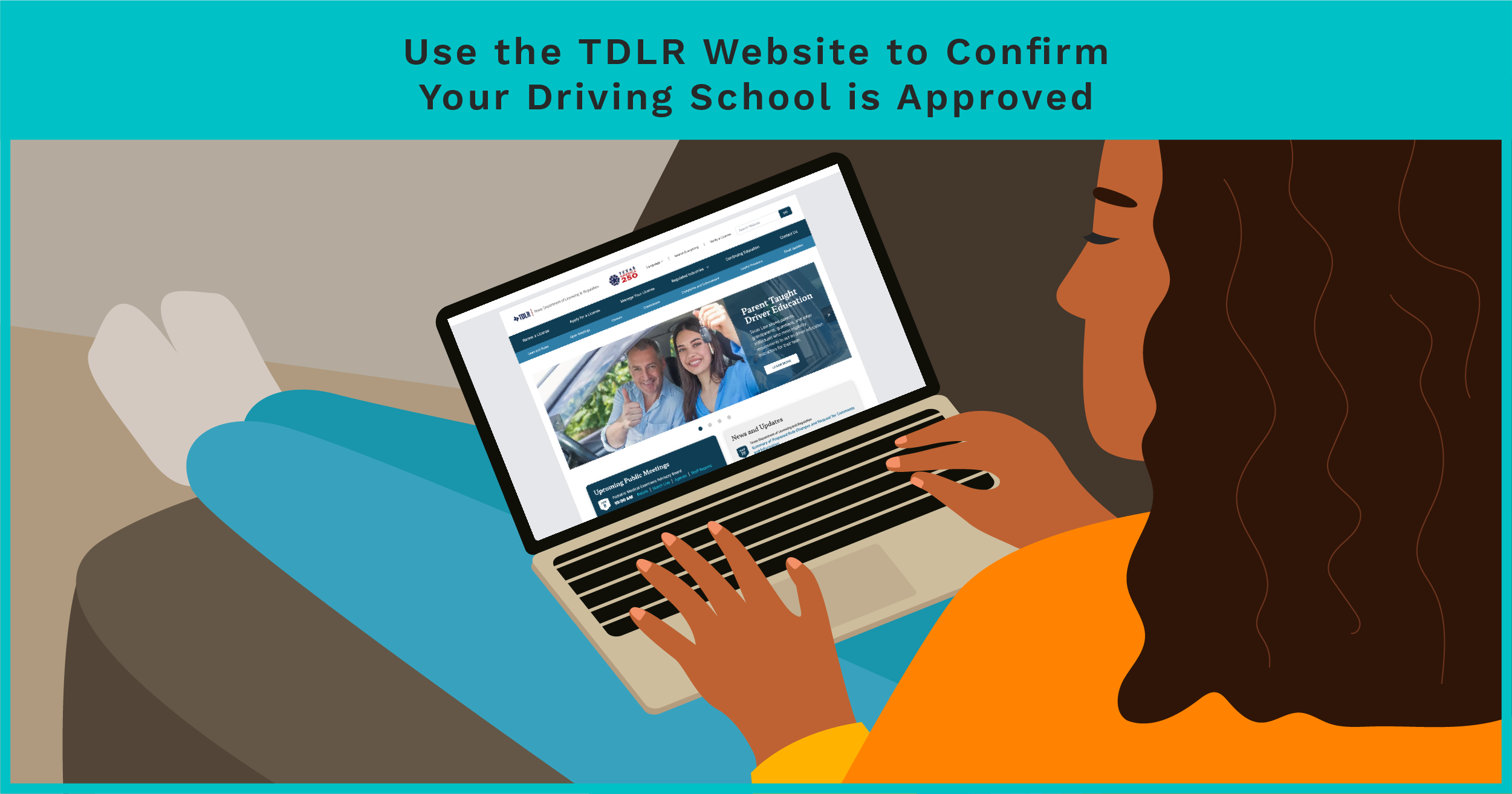 Person on a couch using a laptop showing the TDLR website to verify a driving school is approved