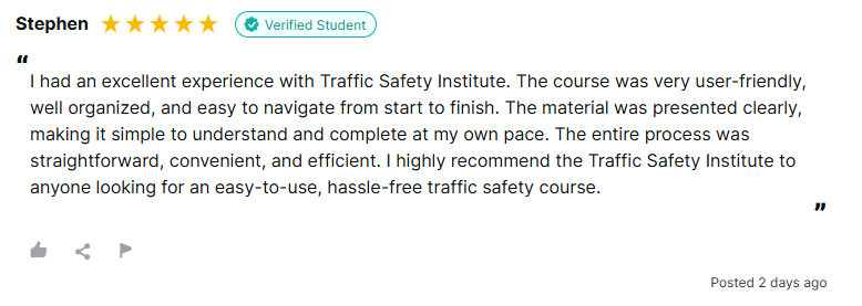 5-star review from Stephen calling Traffic Safety Institute's course user-friendly, well-organized, and easy to complete